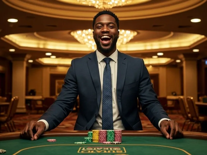 Excited man cheering after a poker win on Casino Plus GCash platform