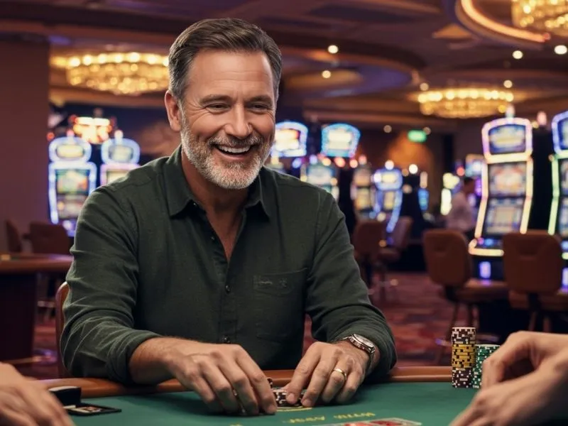 Grinning man playing casino games online with casino plus gcash payment option