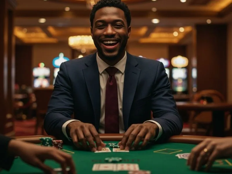 Grinning man playing poker happily using casino plus gcash on his device