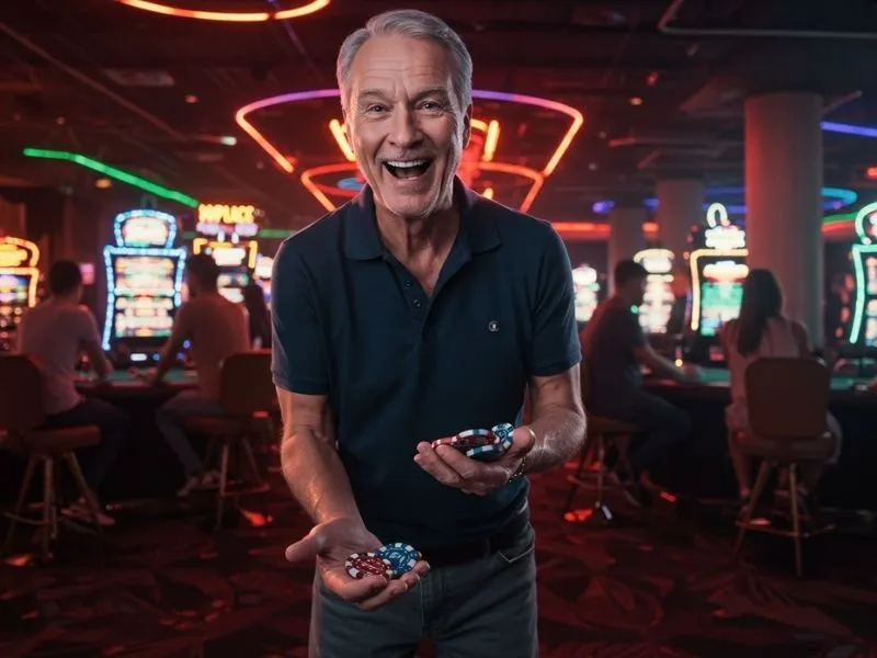 Smiling elderly man holding casino chips while using Casino Plus GCash for online gaming