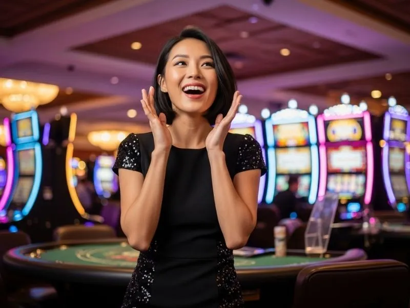 Woman cheering and enjoying the lively casino ambiance at Clark Casino Hotel