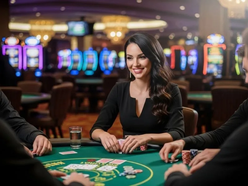 Lady smiling while playing poker at Clark Casino Hotel in a vibrant casino setting