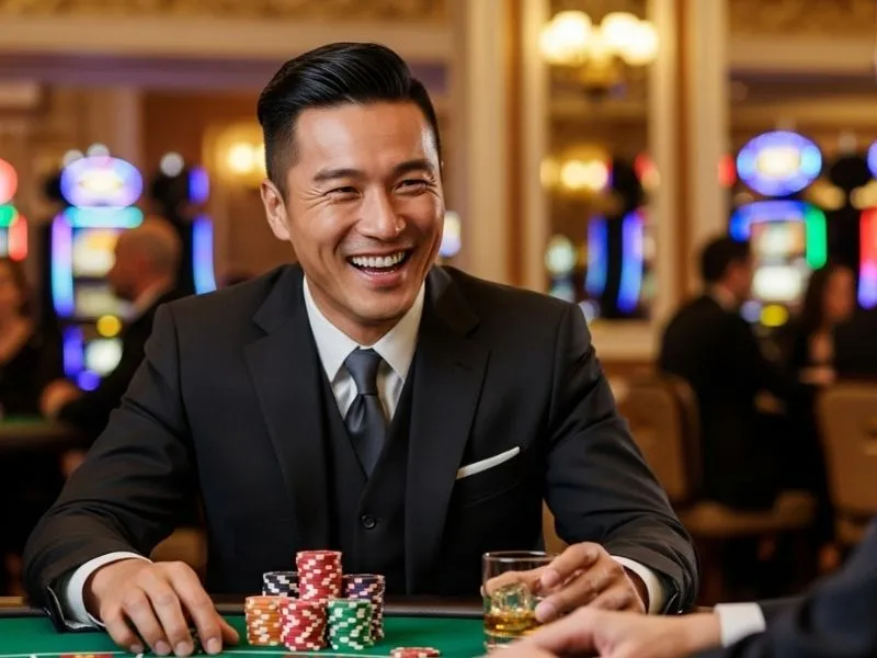 Man happily celebrating a big poker win at Clark Casino Hotel, enjoying the excitement of a physical casino.