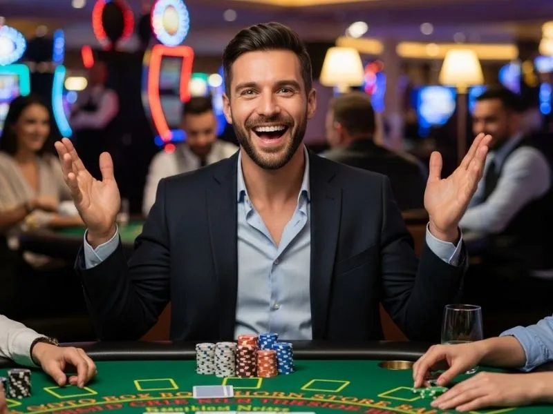 Man smiling with colorful casino chips on a blackjack table at Clark Casino Hotel