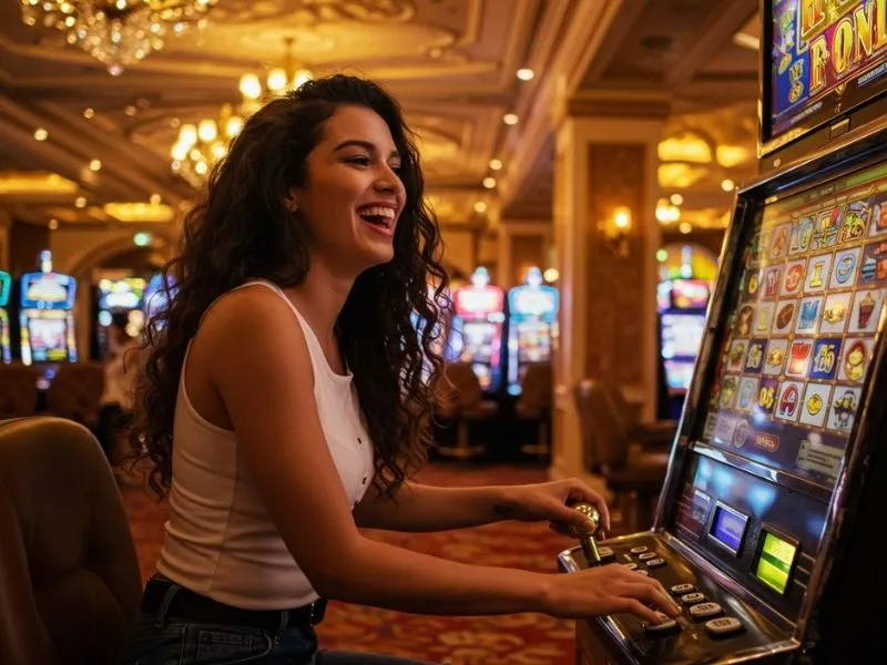 Excited player pressing slot button at do888 online casino