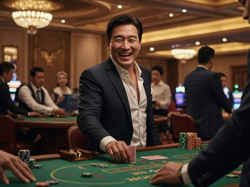 Joyful player smiling at a poker table in do888 online casino