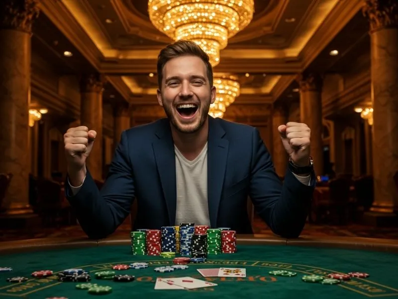 Poker player smiling with a big chip stack at do888 online casino table