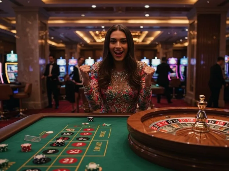 Happy woman cheering after a roulette spin win at elyu casino