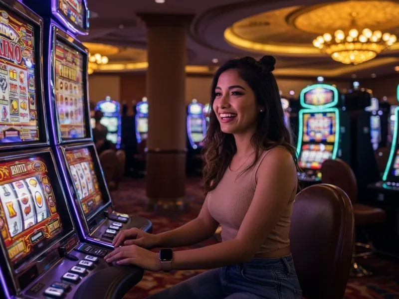 Smiling gamer pressing a slot machine button inside an Elyu casino