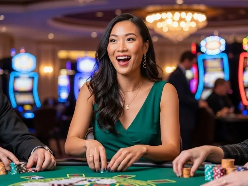 Woman happily playing blackjack at a physical casino table, enjoying her time at FC777 Casino.