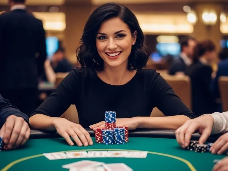 Woman smiling while enjoying casino games at a physical venue, experiencing the excitement of fc777 casino.