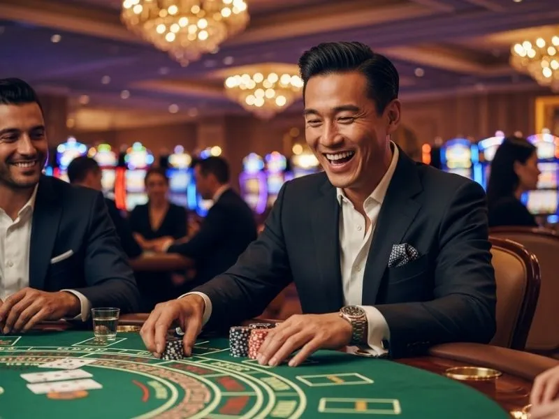 Man smiling while placing bets on physical table games at FC777 Casino