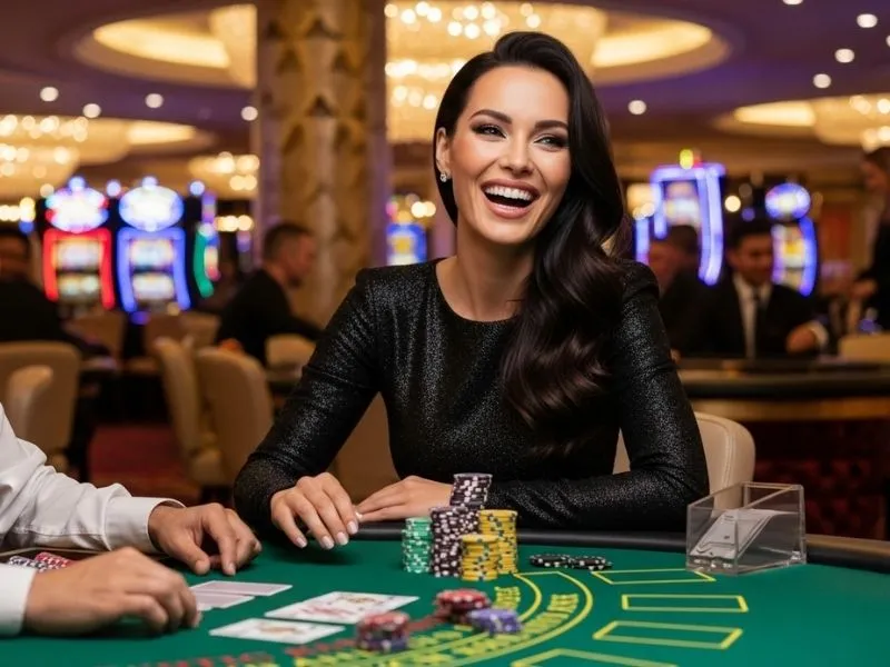 Woman enjoying table games and laughing at a physical casino, experiencing the thrill of FC777 Casino.