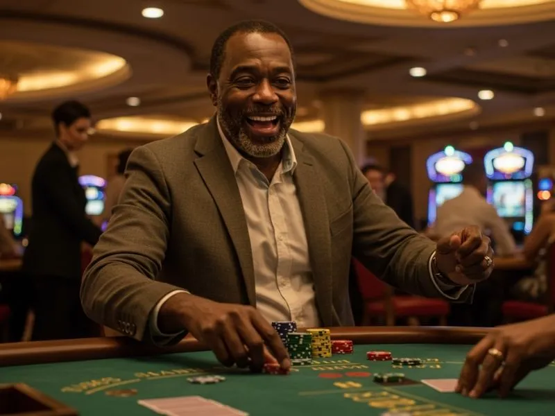 Excited man smiling at a poker table inside Fontana Leisure Parks and Casino