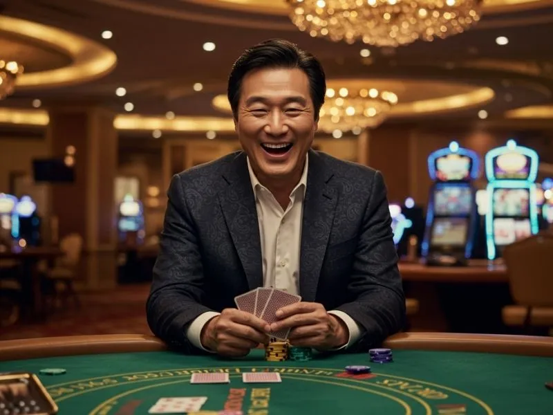 Happy poker player holding cards at Fontana Leisure Parks and Casino