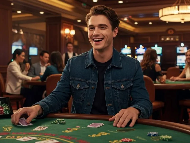 Joyful man about to place a poker bet at Fontana Leisure Parks and Casino