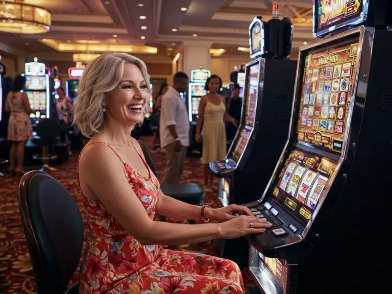 Smiling guest enjoying slot machines at Fontana Leisure Parks and Casino