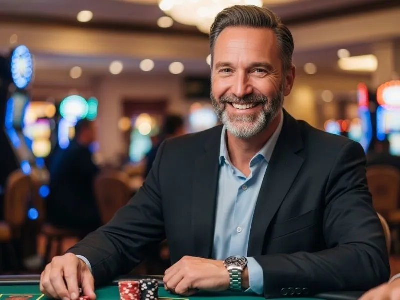 An elderly man smiling happily while enjoying a casino table game inside a lively physical casino — fox game casino.