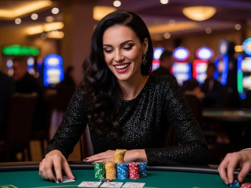 Smiling woman enjoying a table game at a lively physical casino, representing the fun atmosphere of Fox Game Casino.