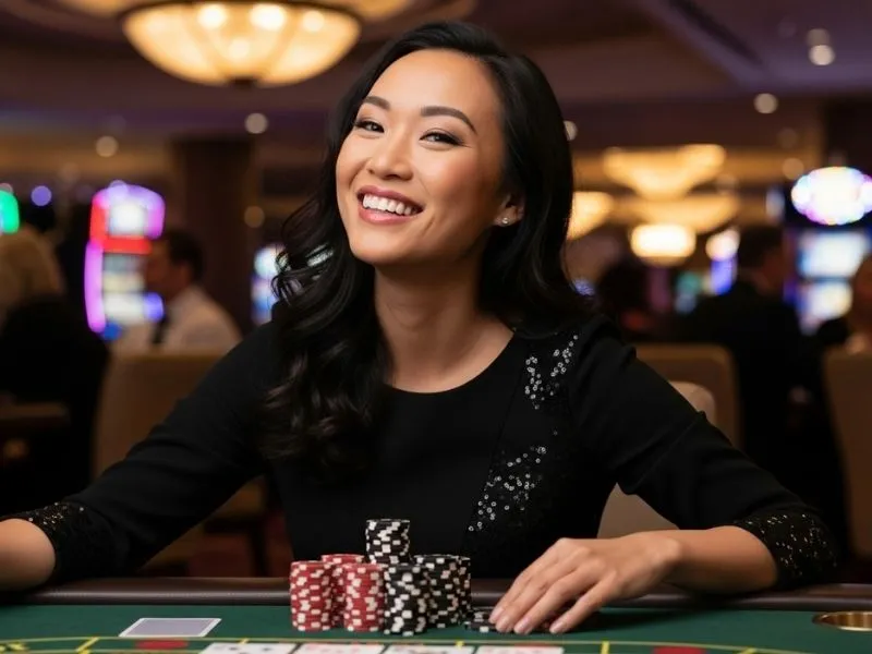 A young lady happily smiling at a poker table inside a lively casino, representing the excitement and fun atmosphere of Fox Game Casino.