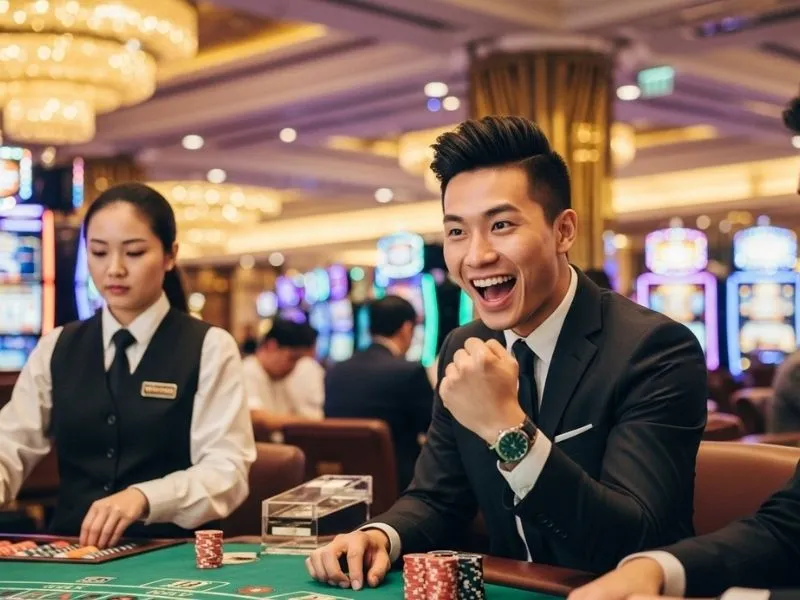 Young man cheering after winning at a baccarat table in a physical casino, showcasing the excitement and winning moment associated with Fox Game Casino.