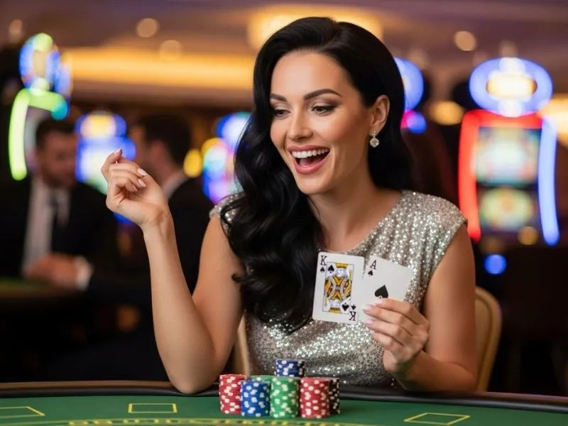 Woman cheering at a physical poker table win in a casino, celebrating her success. Related to galaxy 333 casino login.