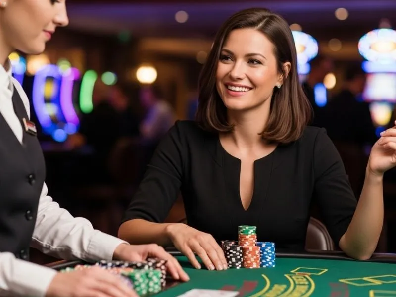 Lady smiling while playing baccarat at a physical casino table, enjoying the experience. Related to galaxy 333 casino login.