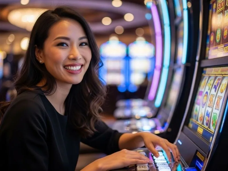 Woman smiling while playing slots at a physical casino, enjoying her gaming experience. Related to galaxy 333 casino login.