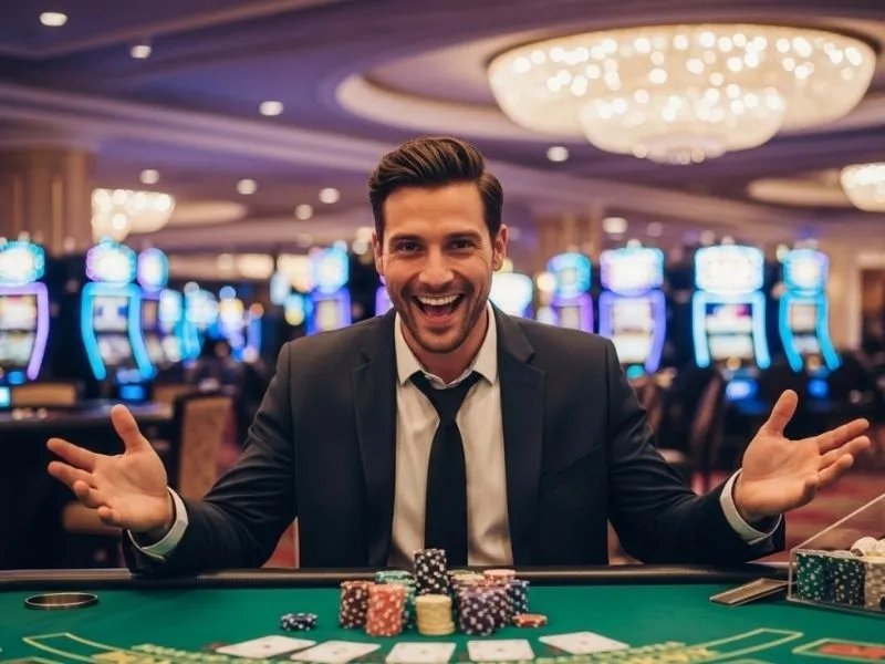 Man cheering after winning at a physical casino poker table, representing a successful galaxy 333 casino login experience.