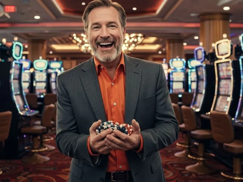 Happy player celebrating a jackpot win at gbrosbet live casino slot machines