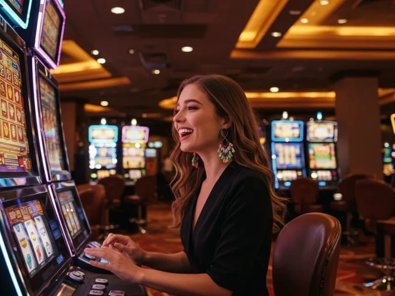 Joyful woman playing slot machines at gbrosbet live casino