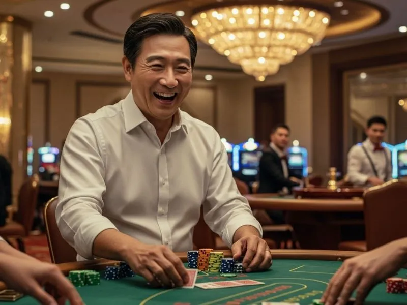 Happy player celebrating a jackpot win at gbrosbet live casino slot machines