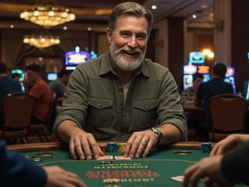 Smiling man sitting with poker chips at a gbrosbet live casino table