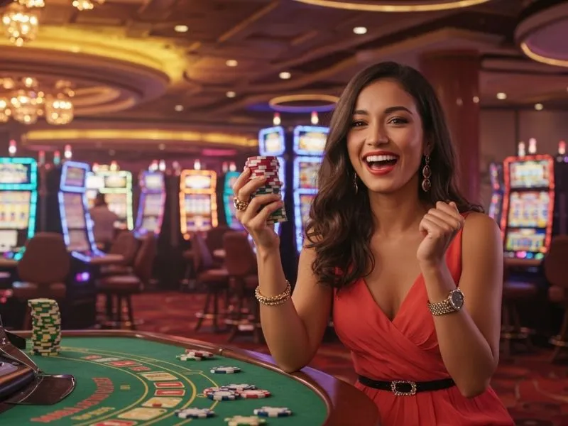 Happy player holding chips and cheering inside Hann Casino Resort
