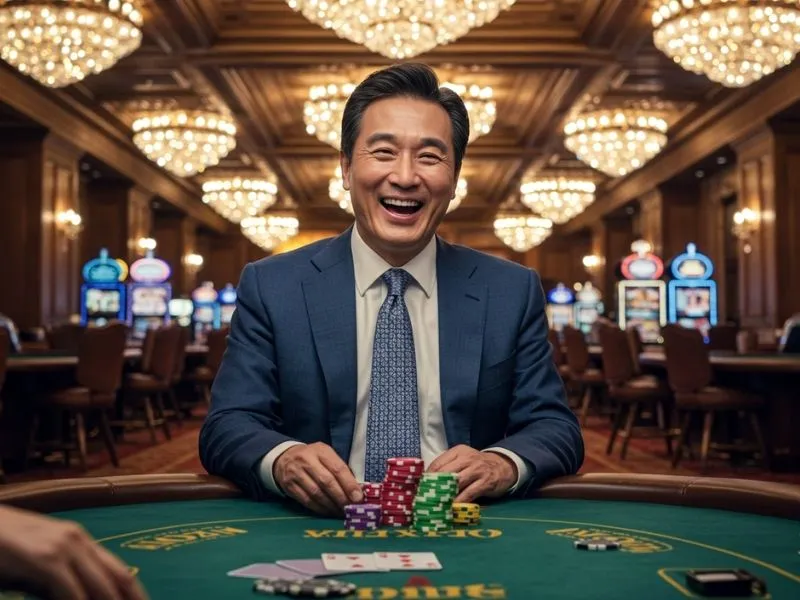 Joyful player celebrating poker wins at Hann Casino Resort