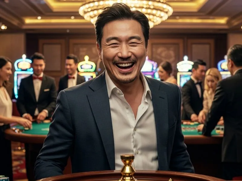 Smiling player enjoying a game near the roulette wheel at Hann Casino Resort