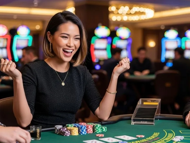 Excited woman cheering after winning at a physical casino table, celebrating her big win at Happy 777 Casino.
