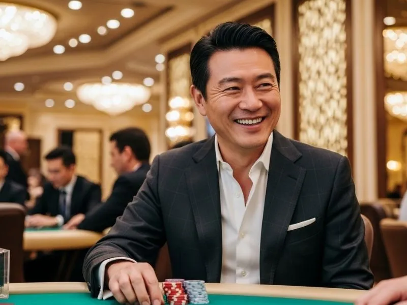 Man grinning with casino chips at a physical table in Happy 777 Casino