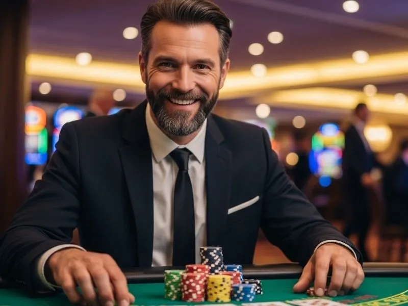 Man happily celebrating his poker win at a physical casino table, enjoying the excitement of Happy 777 Casino.