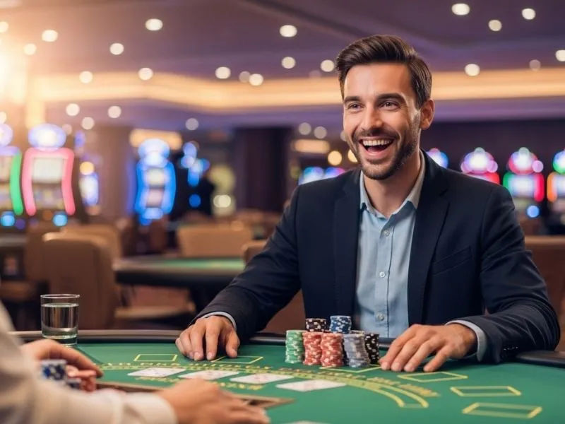 Man happily playing poker at a physical casino table at ICBI E Games Casino.