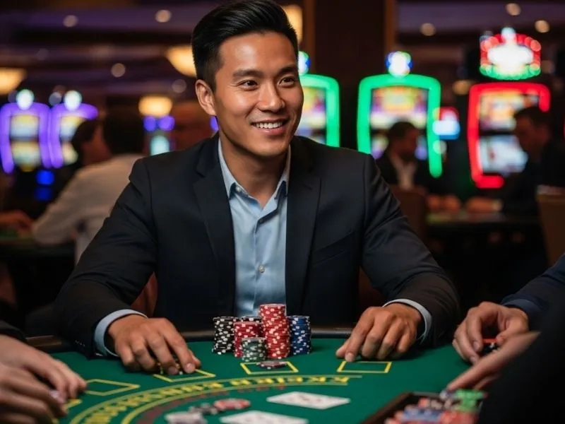 Man happily smiling with poker chips in front at a physical casino, enjoying the icbi e games casino experience.
