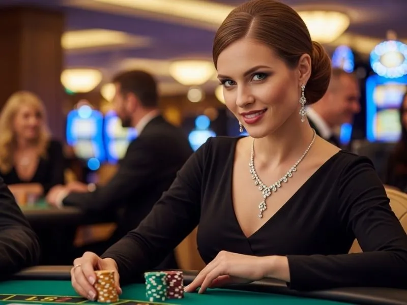 A woman laughing and placing bets at a poker table in a physical casino, enjoying the thrill of gaming at ICBI E Games Casino.