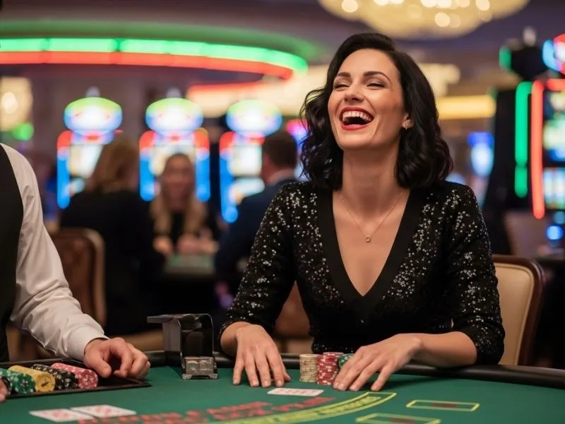Woman laughing while playing baccarat at a physical casino, enjoying her time at icbi e games casino.