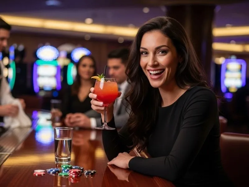 A woman enjoying a drink at the bar inside Imperial Casino Saipan, smiling and relaxed in the physical casino environment.