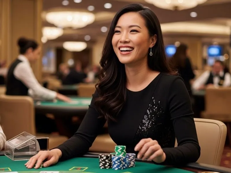 Lady celebrating a big win at a baccarat table in a physical casino, Imperial Casino Saipan.