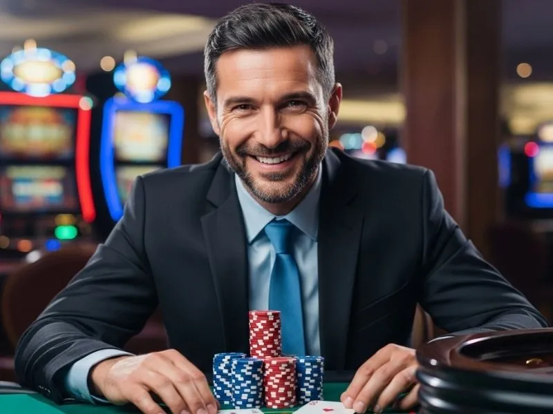 Man enjoying a roulette game with a happy expression at Imperial Casino Saipan