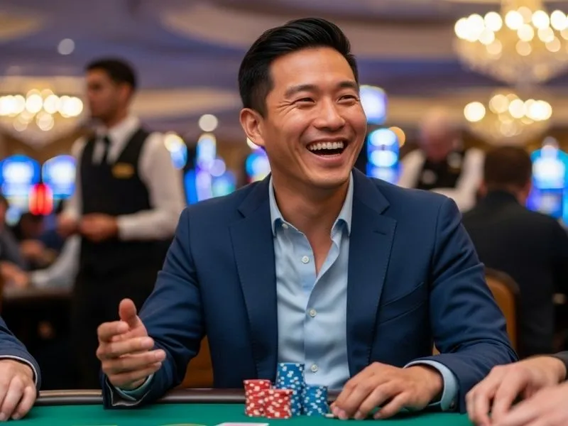 Man happily playing blackjack at Imperial Casino Saipan, smiling and enjoying the casino experience.