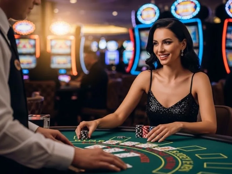 Happy woman enjoying a physical casino table game, illustrating how to invest in online casino opportunities.