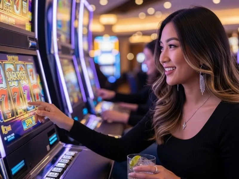 Happy woman celebrating a big win at a physical casino slot machine, symbolizing the benefits to those who invest in online casino opportunities.