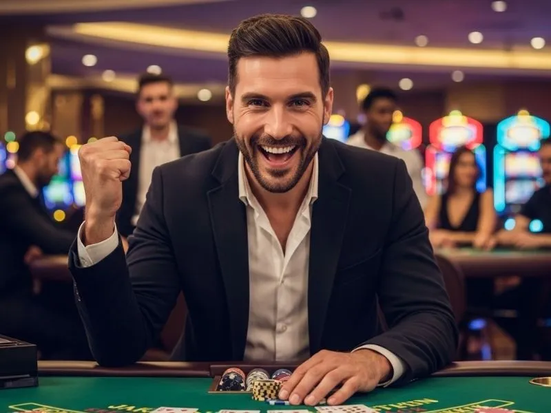 Man celebrating a big win at a physical casino table, illustrating why some people choose to invest in online casino opportunities.
